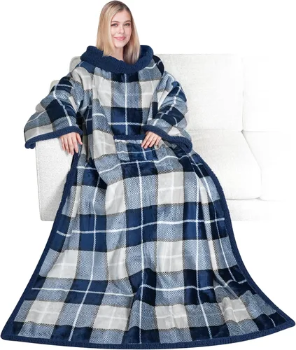 Miniatura 29 de PAVILIA Manta de forro polar con mangas para mujeres y hombres adultos, manta portátil cálida y suave, acogedora con bolsillo para abrazarse, manta