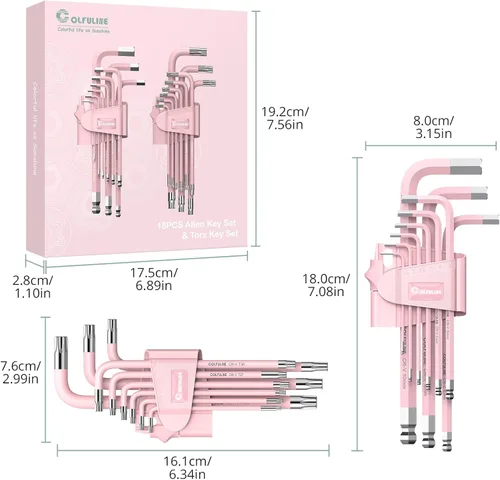 Miniatura 5 de COLFULINE Juego de 18 piezas de llaves Allen rosas, juego de llaves Allen de extremo de bola métricas y llaves Torx, juego de llaves hexagonales