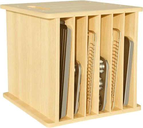 Miniatura 8 de Separadores de bandeja de madera de 7 niveles para gabinetes, organizador de bandejas para galletas para ollas, sartenes, organizador de bandejas