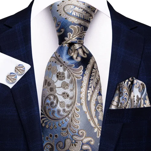 Miniatura 72 de Hi-Tie Corbatas de seda para hombre, diseño de cachemira a rayas, con bolsillo, gemelos cuadrados, conjunto formal de negocios
