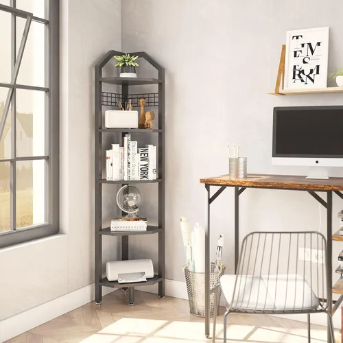 Miniatura 2 de YMYNY UHBR006B - Estante esquinero de pared de 5 niveles, estante de escalera de esquina, marco de metal, estante de exhibición con rejilla de Negro
