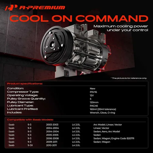 Miniatura 2 de A-Premium Compresor de aire acondicionado CA con embrague compatible con Saab 9-3 2.0L 2003-2011, 9-3X 2.0L 2010-2011