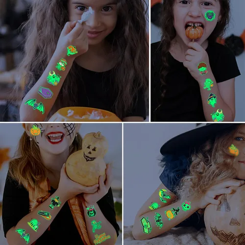 Miniatura 2 de Tatuajes temporales de Halloween para niños, paquete de 20 tatuajes de fiesta que brillan en la oscuridad, decoraciones de fiesta de cumpleaños