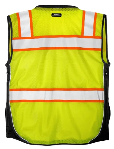 Miniatura 5 de Kishigo Chaleco de Agrimensores Serie Premium Black para Hombres S5002, Chaleco de Seguridad de Alta Visibilidad Clase 2, 10 Bolsillos con Cierre