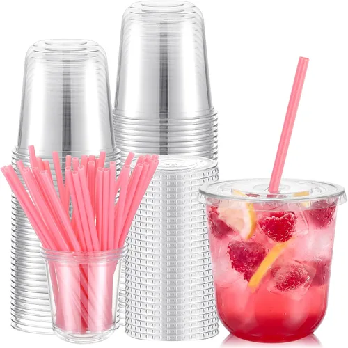 Ziliny Juego de 25 vasos de plástico transparente con pajitas y tapas en forma de corazón, tazas desechables para café helado, bebidas frías, día de