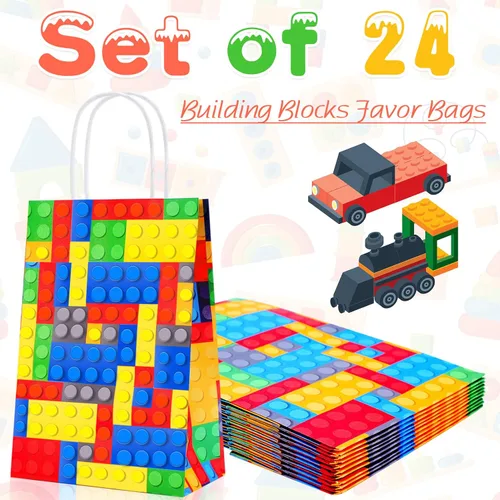 Miniatura 2 de Diomelu 24 bolsas de bloques de construcción, bolsas de dulces de ladrillos de color, bolsas de regalo para fiestas temáticas con asas, bolsa