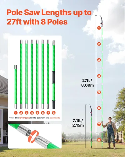 Miniatura 2 de VEVOR Sierra de poste manual, poste extensible de 3.87-27 pies para podar árboles, hoja de acero 65Mn afilada, poste de mango de fibra de vidrio