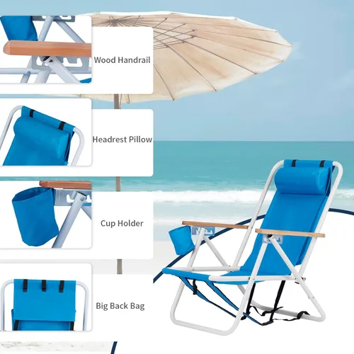 Miniatura 8 de Outvita Silla de playa plegable con reposacabezas ajustable de 4 ángulos de inclinación flexibles, con soporte para tazas, portátil, de alta Azul