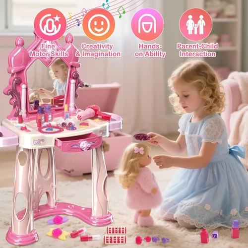 Miniatura 3 de deAO Juego de tocador de maquillaje para bebés con espejo y silla, juguete de tocador para niños con maquillaje de simulación con secador de pelo