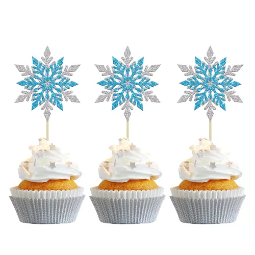 Miniatura 25 de Gyufise 24 adornos de copos de nieve Oh Baby para cupcakes con purpurina azul, decoración de pastel de baby shower congelado para baby shower