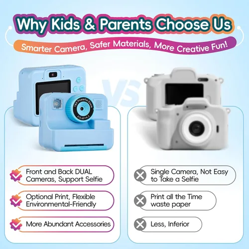 Miniatura 6 de Cámara de impresión instantánea para niños, cámara de video selfie de 1080P con kit de diario de bricolaje, más de 200 accesorios, regalos
