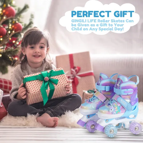Miniatura 7 de Patines de ruedas para niñas de 3 a 12 años, patines ajustables con luz para niños pequeños, principiantes, unicornio, sirena, arco iris, regalo