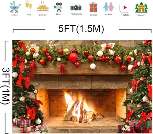 Miniatura 5 de Lofaris Telón de fondo de chimenea de Navidad de 5 x 3 pies, diseño vintage de árbol de fuego, medias rojas, regalos de fondo de fotografía