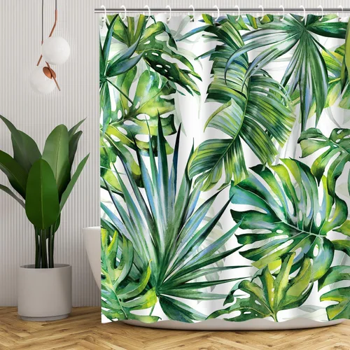 LIVILAN Juego de cortinas de ducha con hojas de plantas tropicales, diseño botánico de selva con 12 ganchos para decoración de baño, 72 x 72 pulgadas
