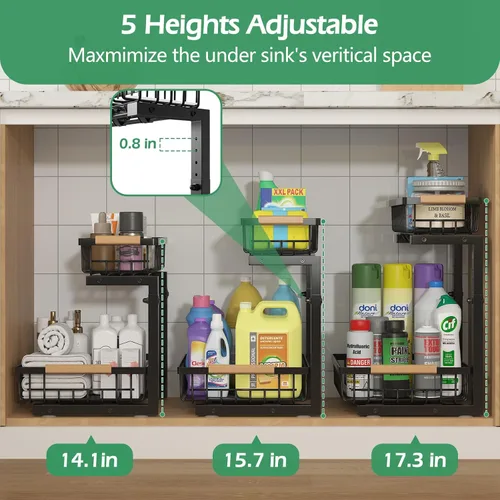 Miniatura 3 de ADRIMER Organizador para debajo del fregadero, 2 paquetes, organizador extraíble para fregadero de cocina, 2 niveles, organizador de cocina