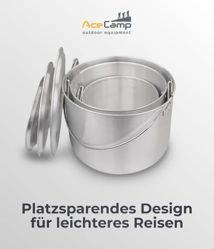 Miniatura 5 de AceCamp Juego de ollas de cocina ligeras de aluminio anidadas con tapa y mango plegable - 4L, 8L, 12L