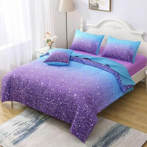 Juego de ropa de cama de 6 piezas con purpurina y sábanas para adolescentes, niñas y niños, cama temática de purpurina con gradiente de colores en