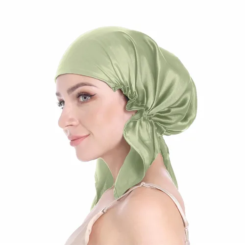 Miniatura 9 de SissiLita Gorro de seda 100% para dormir, gorro de seda grande con banda de amarre para el cuidado del cabello rizado (azul)
