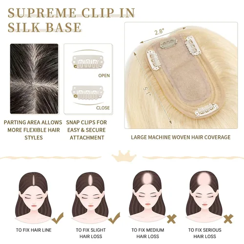 Miniatura 3 de Hairro Toppers de cabello humano 100% real para mujeres sin flequillo, postizos de cabello real con clip, base de seda transpirable para cubrir