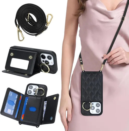 Miniatura 29 de Funda para iPhone 14 Plus con tarjetero y correa para mujer, cordón cruzado, espejo de maquillaje, soporte de anillo, cierre a presión, bonitas Rosa