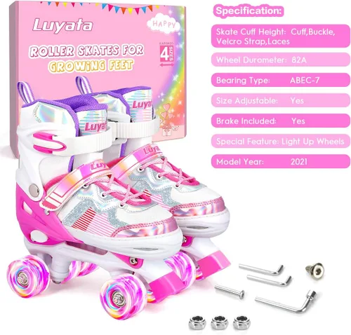 Miniatura 6 de Luyata Patines ajustables para niñas y niños, 4 tamaños de 6 a 12 y 3 a 5 años, patines para niños con 8 ruedas brillantes que se iluminan, 3 Rosa