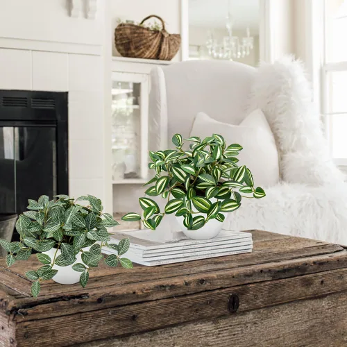 Miniatura 4 de Hollyone Plantas falsas, 2 paquetes de plantas artificiales de interior con maceta de plástico blanco, pequeña planta falsa en maceta para el hogar