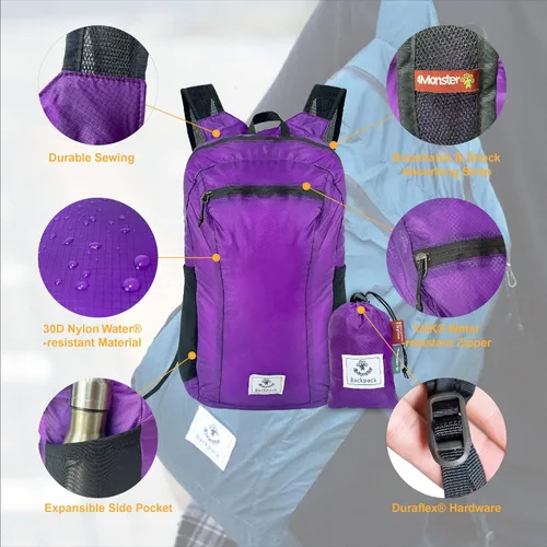 Miniatura 2 de Mochila 4Monster de excursionismo, de día, resistente al agua, ligera, plegable, para viajes, campamento, exteriores Púrpura