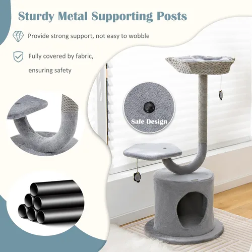 Miniatura 6 de Tangkula Árbol para gatos de interior, torre para gatos de 42 pulgadas con marco de soporte de metal curvado, postes rascadores de sisal, percha