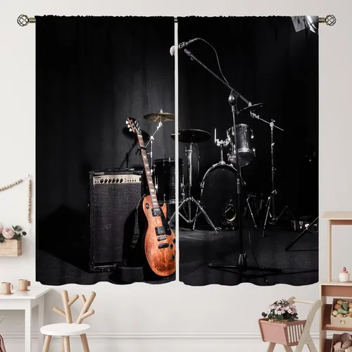 Miniatura 15 de Cortinas de notas musicales, rústicas, mágicas, notas musicales, arte retro, piano y violín, cortina con bolsillo para barra para dormitorio, sala