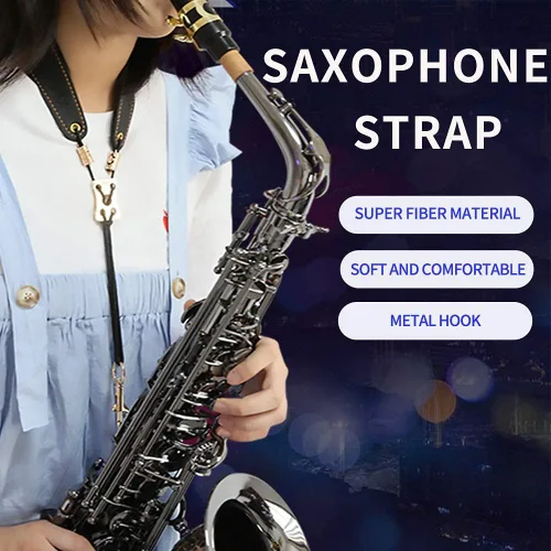 Miniatura 4 de Saxofón Saxofón Correa de cuello negro para saxo barítono alto tenor soprano, súper fibra, gancho de metal, instrumentos musicales accesorios piezas