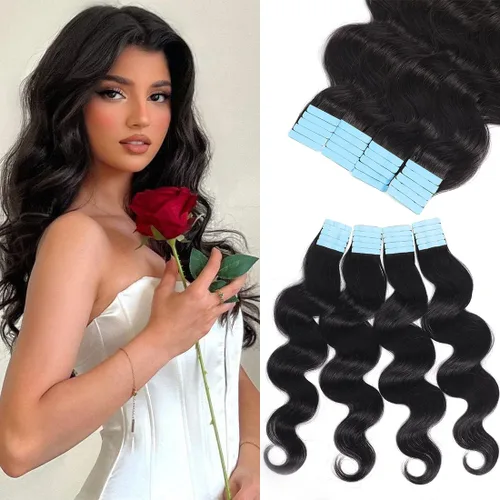 Miniatura 9 de Urbeauty 40 extensiones de cabello con cinta adhesiva, negro, ondulado, invisible, 100% cabello humano real, 3.53 oz/paquete, color negro natural