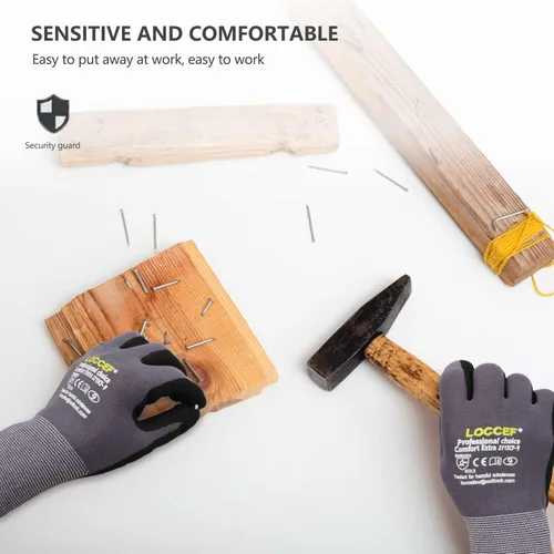 Miniatura 8 de LOCCEF - Guantes de trabajo con revestimiento de nitrilo de microespuma, 6 pares, guantes de nailon de punto sin costuras, guantes de trabajo grises