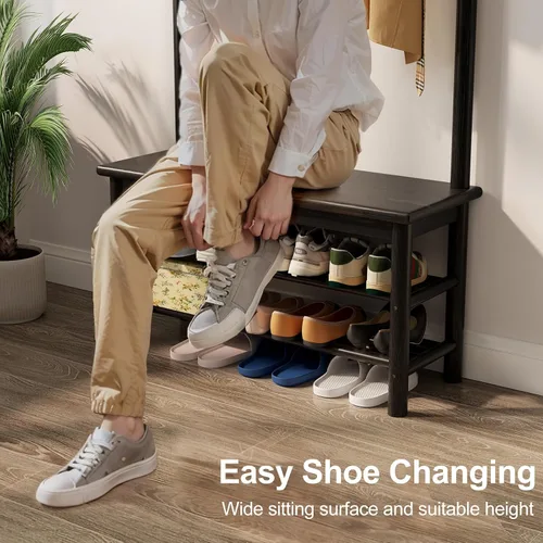 Miniatura 6 de AQIMUELE Perchero con almacenamiento de zapatos, árbol de pasillo de madera con banco, 11 ganchos y estantes de almacenamiento de 2 niveles, 3 en 1