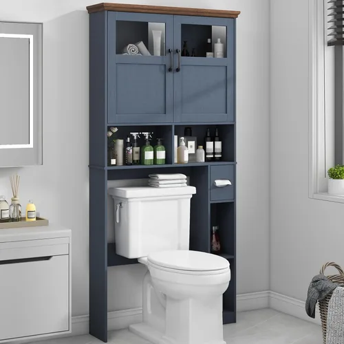 Miniatura 8 de Vabches Armario de almacenamiento sobre el inodoro con puertas dobles, soporte para papel higiénico y estante ajustable, ahorro de espacio Gris