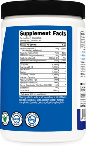 Miniatura 5 de Nutricost Pre-Entreno Sin Estimulantes, 30 Porciones (Frambuesa Azul) - Sin Cafeína, Sin OGM, Sin Gluten