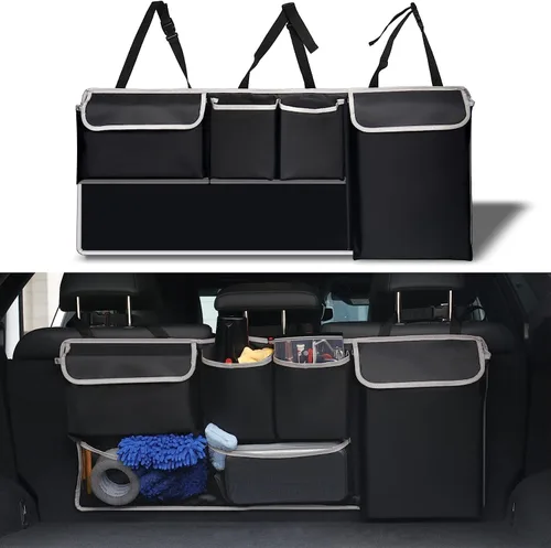 UYYE Organizador Colgante para Maletero, Bolsa para Asiento Trasero, Accesorios para Interior de Automóvil con 4 Bolsillos y 2 Bolsas de Malla para
