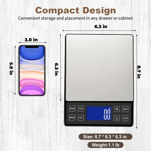 Miniatura 6 de SEMIER Báscula digital de cocina con alta precisión de 0.1 g/0.001 oz, báscula de panadería de alimentos de 5 kg/11 lb con % de función