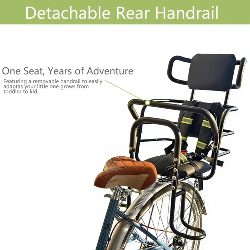 Miniatura 7 de Asiento trasero de bicicleta para niños con reposacabezas ajustable, asiento trasero de bicicleta para niños con pedales y pasamanos. Silla