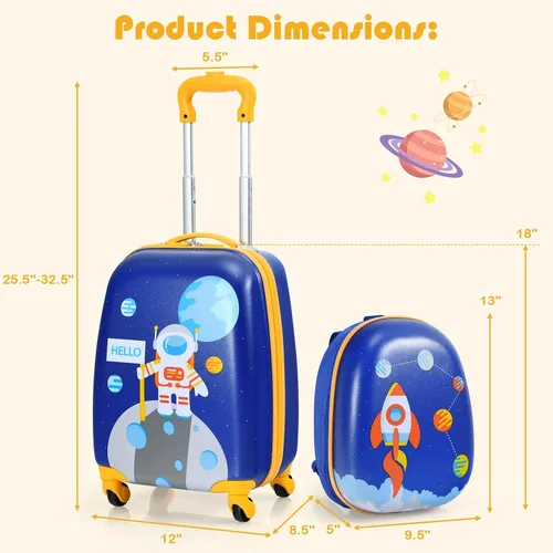 Miniatura 6 de Goplus Equipaje para niños, 2 piezas, 12 y 16 pulgadas, juego de equipaje de mano para niños con 4 ruedas giratorias, maleta ligera con ruedas