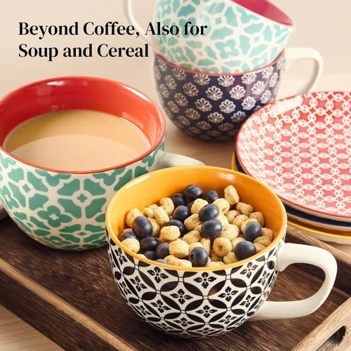 Miniatura 3 de DOWAN Mosaian - Juego de 4 tazas de café grandes de 24 onzas, tazas de sopa con asas, tazas de cerámica para sopa/café/cereal/latte, regalos