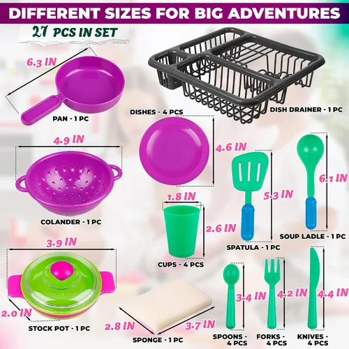 Miniatura 2 de DIMROM Juego de platos para mini cocina con 27 artículos – Bonitos juegos de ollas y sartenes para mini cocina, platos coloridos y utensilios hechos