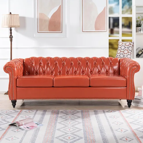Miniatura 7 de Chesterfield - Sofá tapizado de piel sintética, con respaldo copetudo, sofá clásico de cuero de 3 plazas, brazo enrollado para sala de estar, Naranja