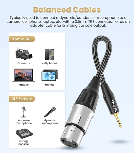 Miniatura 3 de Tisino Adaptador de cable equilibrado XLR a 0.138 in, chapado en oro XLR hembra a mini jack auxiliar mono cable de audio mono para escopeta