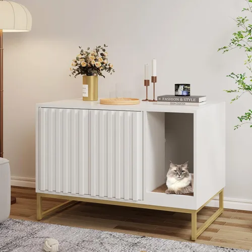 Miniatura 13 de Halitaa Caja de Arena para Gatos, Mueble Moderno de Caja de Arena para Gatos Caja de Arena Oculta con Almohadilla para Rascar, Mesa Auxiliar Casa