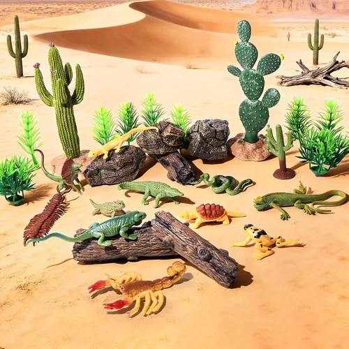 Miniatura 5 de 32 Piezas Figuras de Animales Reptiles del Desierto Juguetes de Resina Diorama Lagarto Serpiente Cactus Árboles Roca Conjunto de Juego para Niños