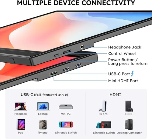 Miniatura 3 de Monitor portátil para portátil FHD 15.6 "1080P Ultra-Slim USB-C y HDMI Segunda pantalla externa para portátil Monitor de viaje Dual Altavoz-Screen