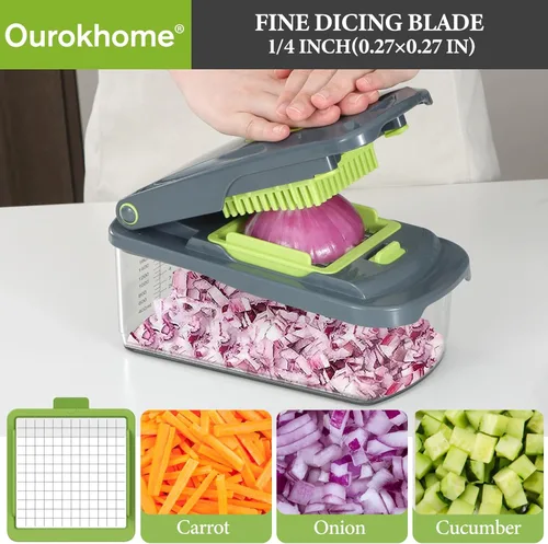 Miniatura 3 de Picadora de verduras Ourokhome con recipiente, picadora manual de verduras con 2 cuchillas de corte para tiras de papa, cubos de cebolla, palitos