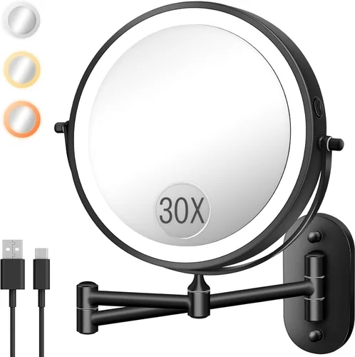 Espejo de maquillaje montado en la pared con luz, 20X/1X 20,3 cm espejo doble cara LED con aumento para baño, espejo de tocador iluminado con