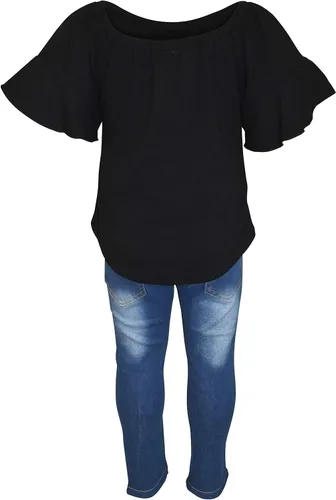 Miniatura 4 de Unique Baby Conjunto de jeans rasgados de mezclilla con estampado de animales para niñas, Granate