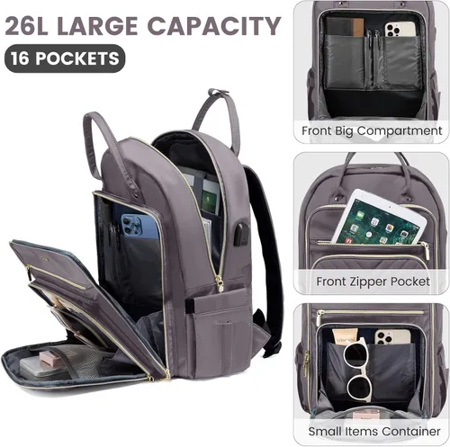 Miniatura 3 de LOVEVOOK Mochila para laptop para mujer, mochila de trabajo de moda con puerto USB, mochilas impermeables para el trabajo., Púrpura, gris, 15,6 pulg.